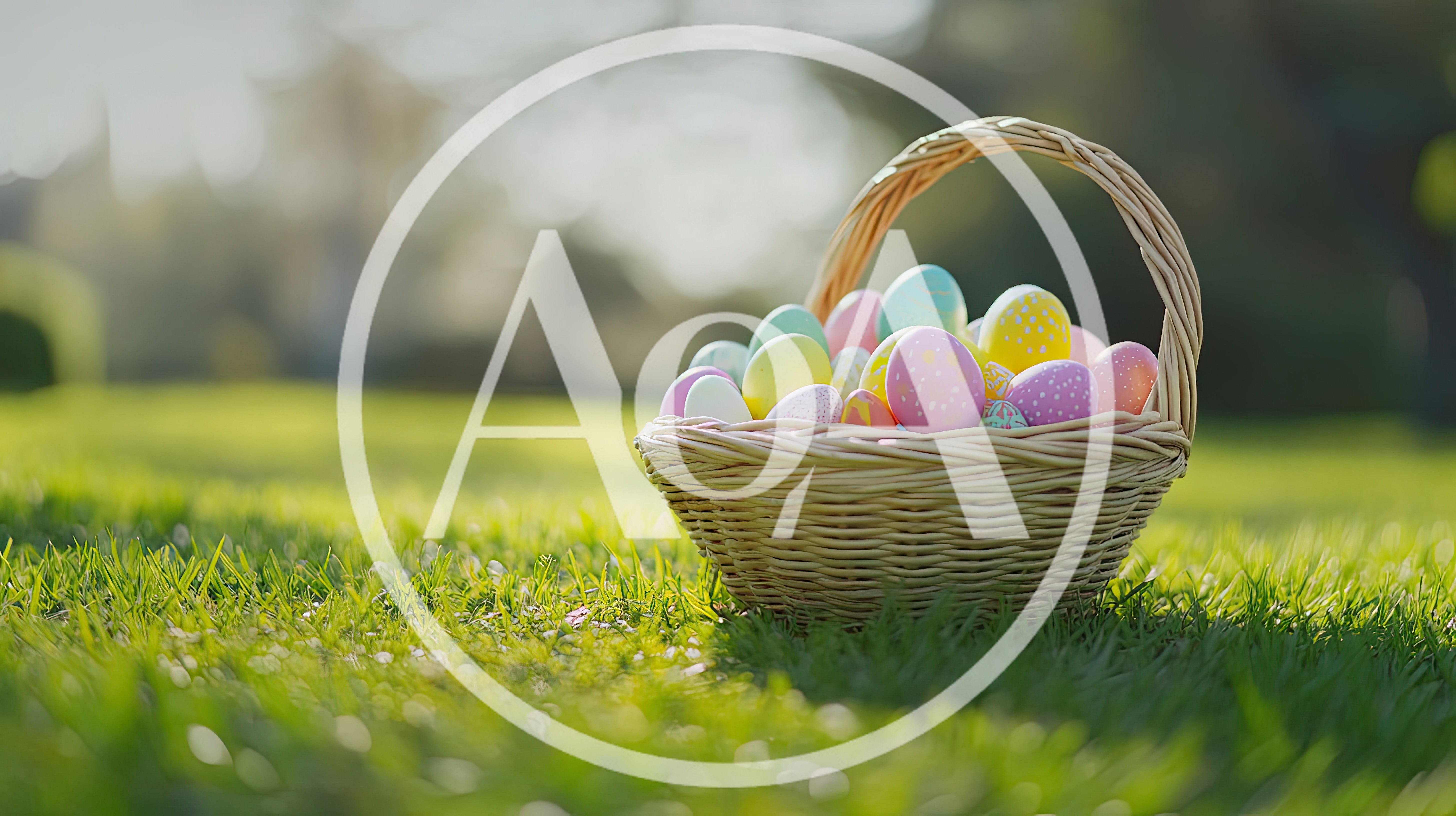 Easter Basket Filled With Colorful Eggs On Grass