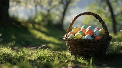 Easter Basket Filled With Colorful Decorated Eggs