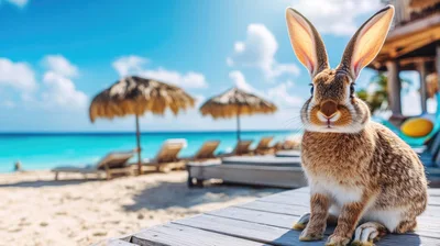 Brown Rabbit Sitting On A Beach Lounge Chair