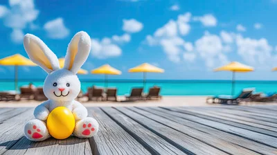 Easter Bunny Plush Toy Holding Yellow Egg on Beach Deck