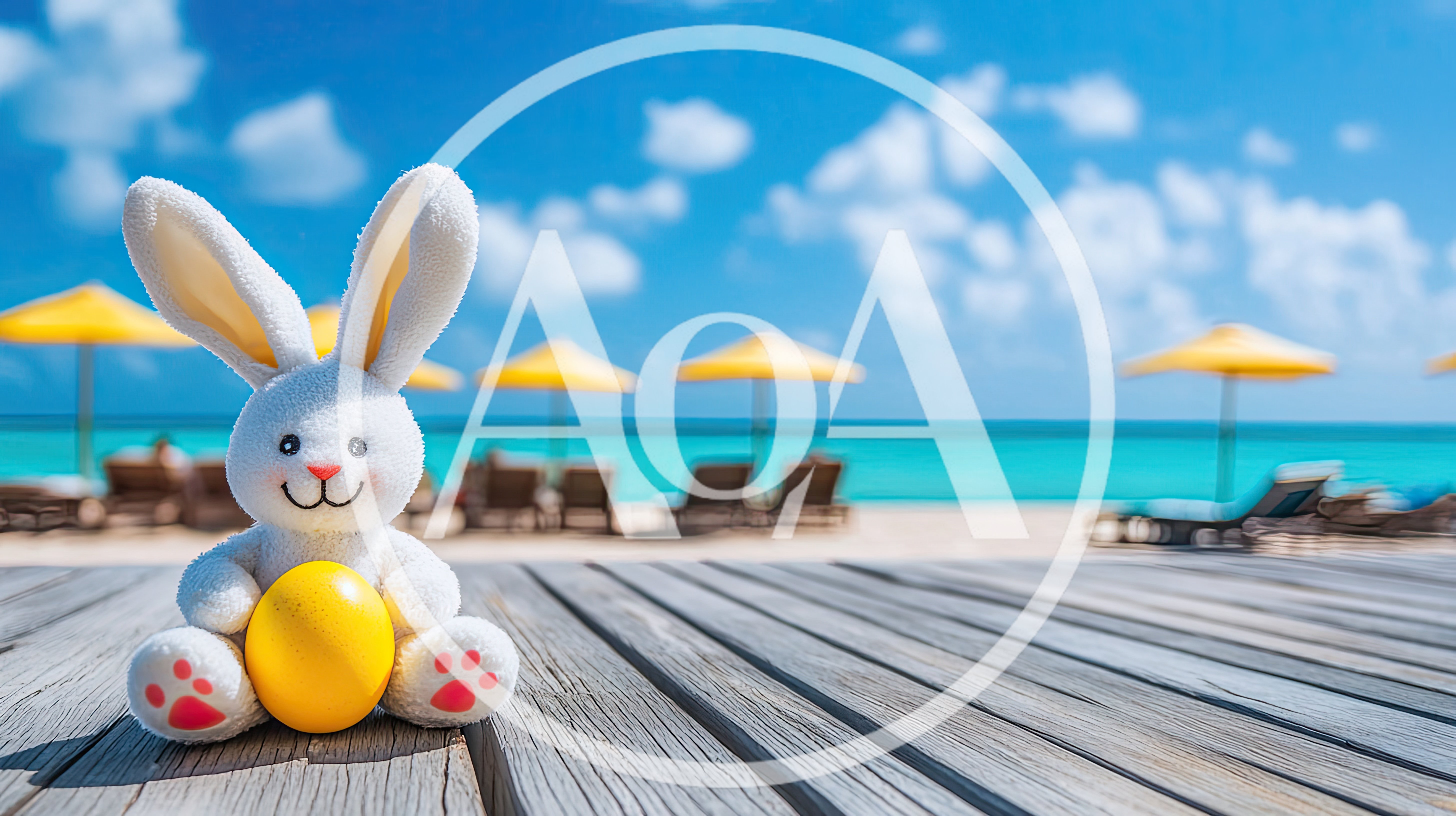 Easter Bunny Plush Toy Holding Yellow Egg on Beach Deck