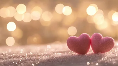 Two Pink Hearts Resting on Sparkling Glitter Surface