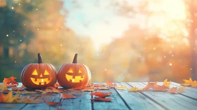 Two Jack O Lanterns On A Wooden Table