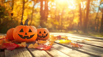 Jack-O-Lantern Pumpkins on Wooden Table in Autumn Forest