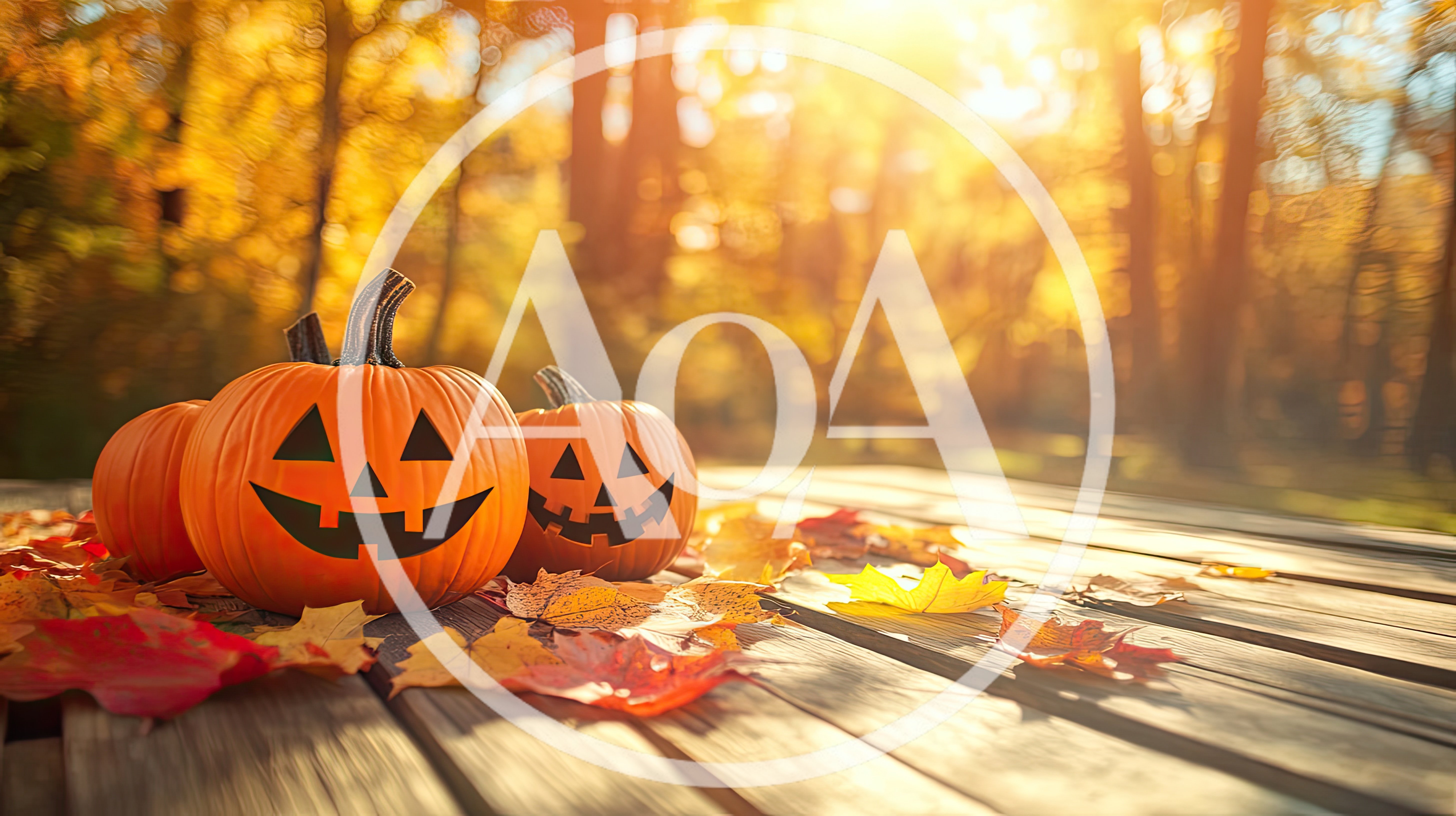 Jack-O-Lantern Pumpkins on Wooden Table in Autumn Forest