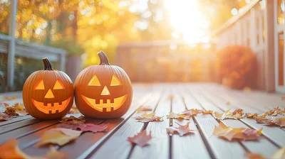 Two Jack-O-Lanterns On A Wooden Deck In Autumn