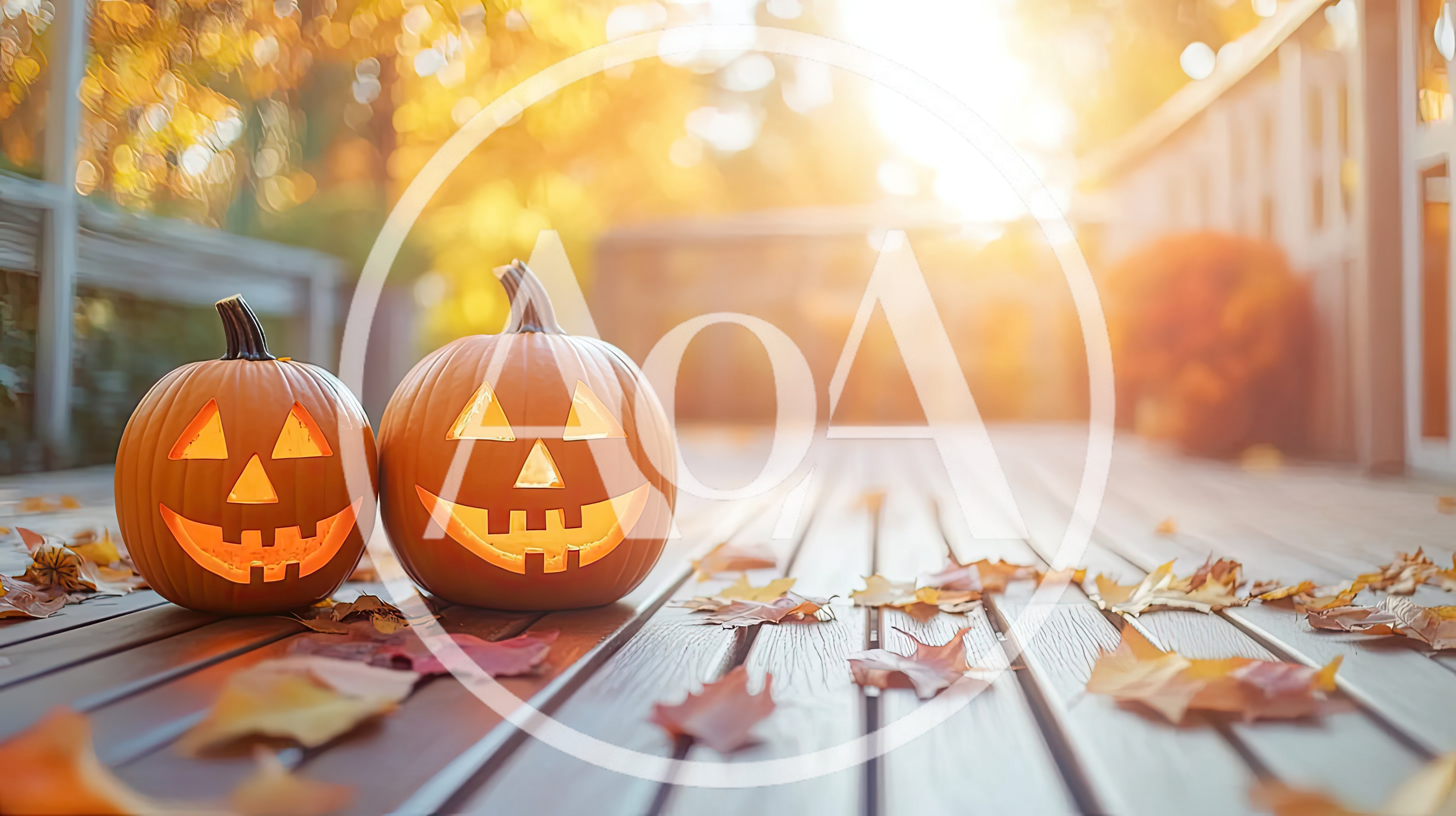 Two Jack-O-Lanterns On A Wooden Deck In Autumn
