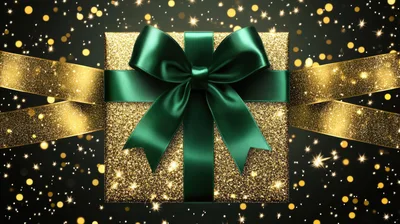 Golden Gift Box With Green Ribbon And Bokeh Background