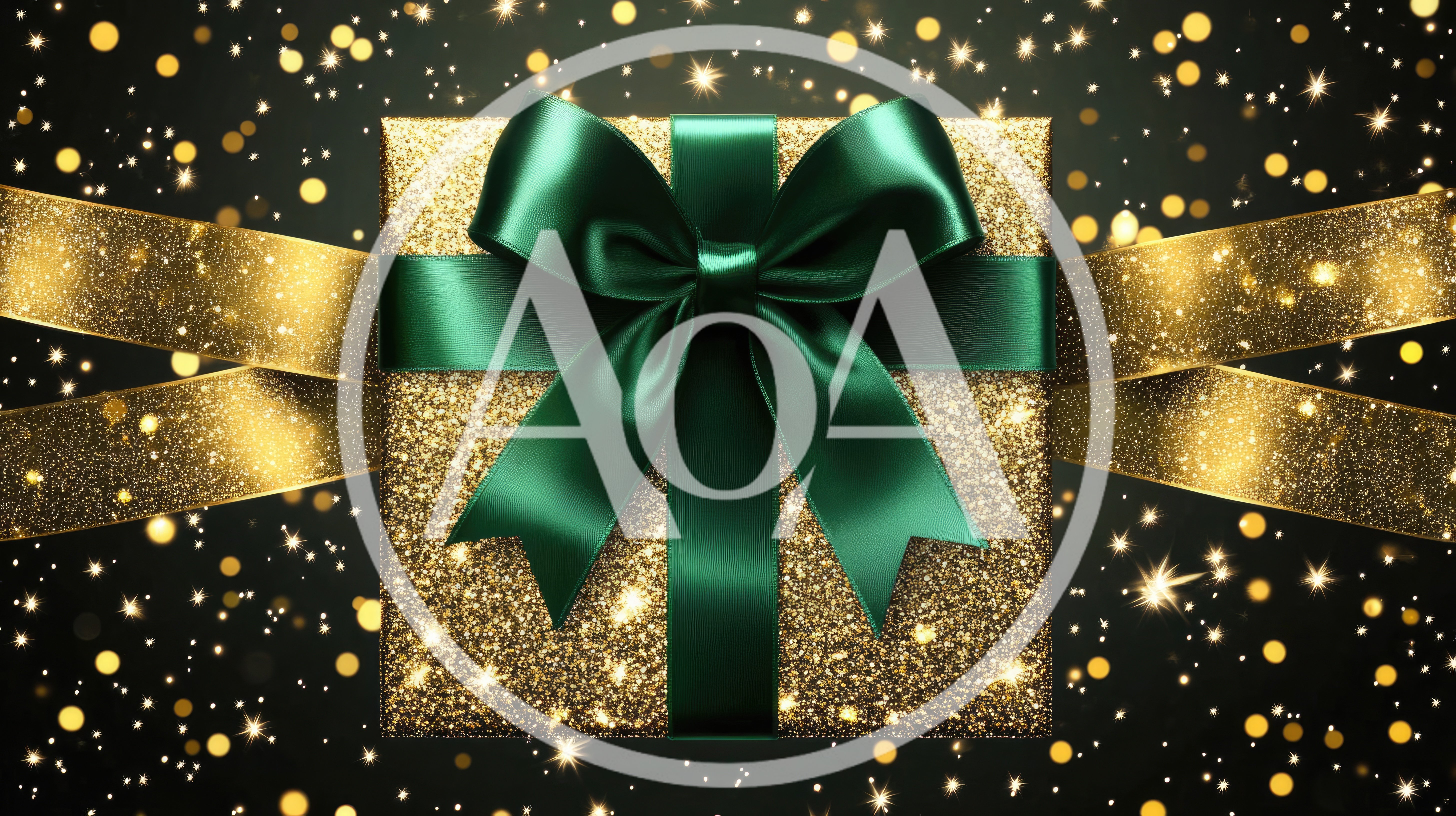 Golden Gift Box With Green Ribbon And Bokeh Background