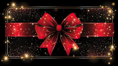 Red Gift Bow On Black Background With Golden Sparkles