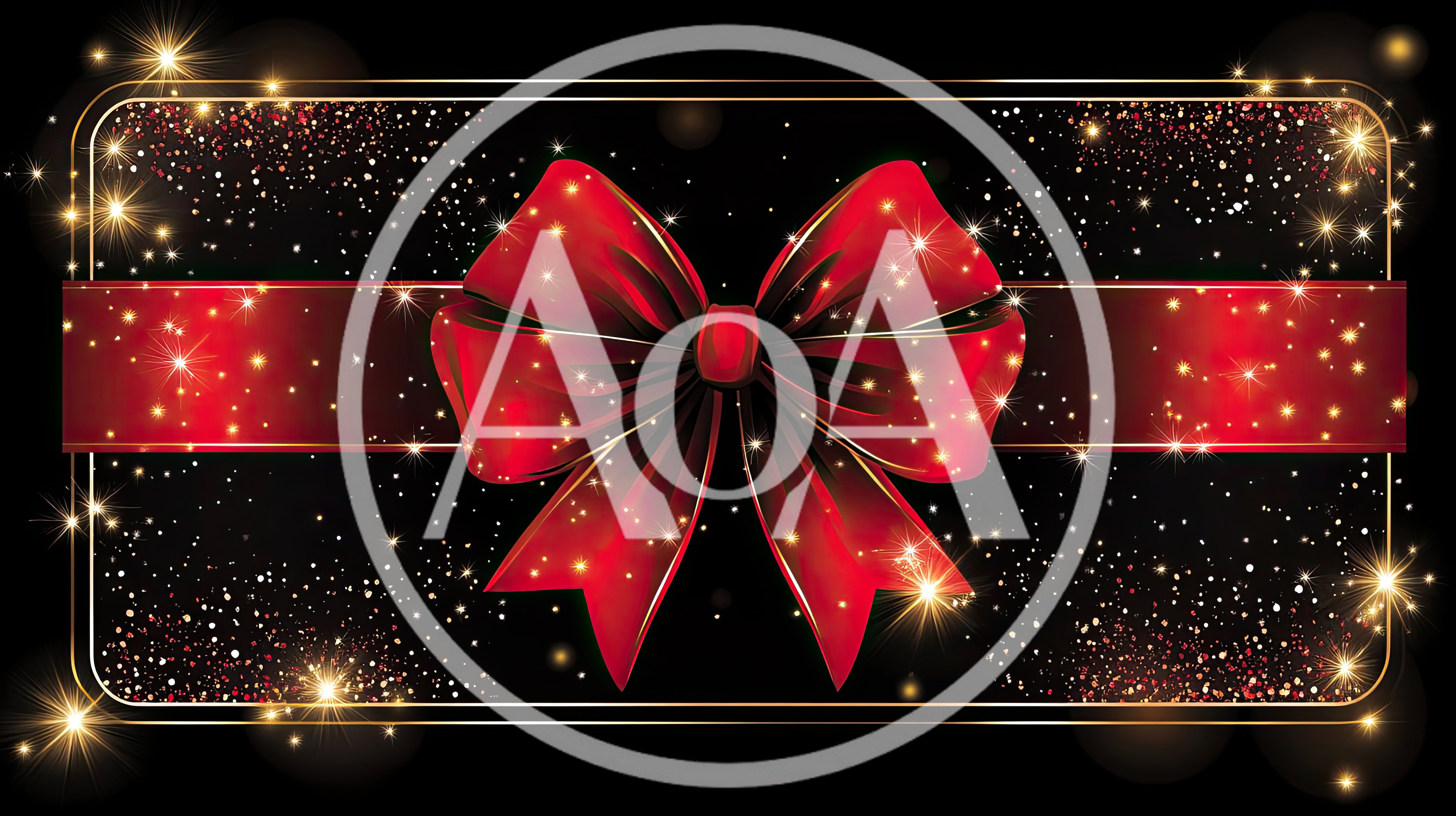 Red Gift Bow On Black Background With Golden Sparkles