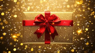 Golden Gift Box With Red Ribbon And Bokeh Background