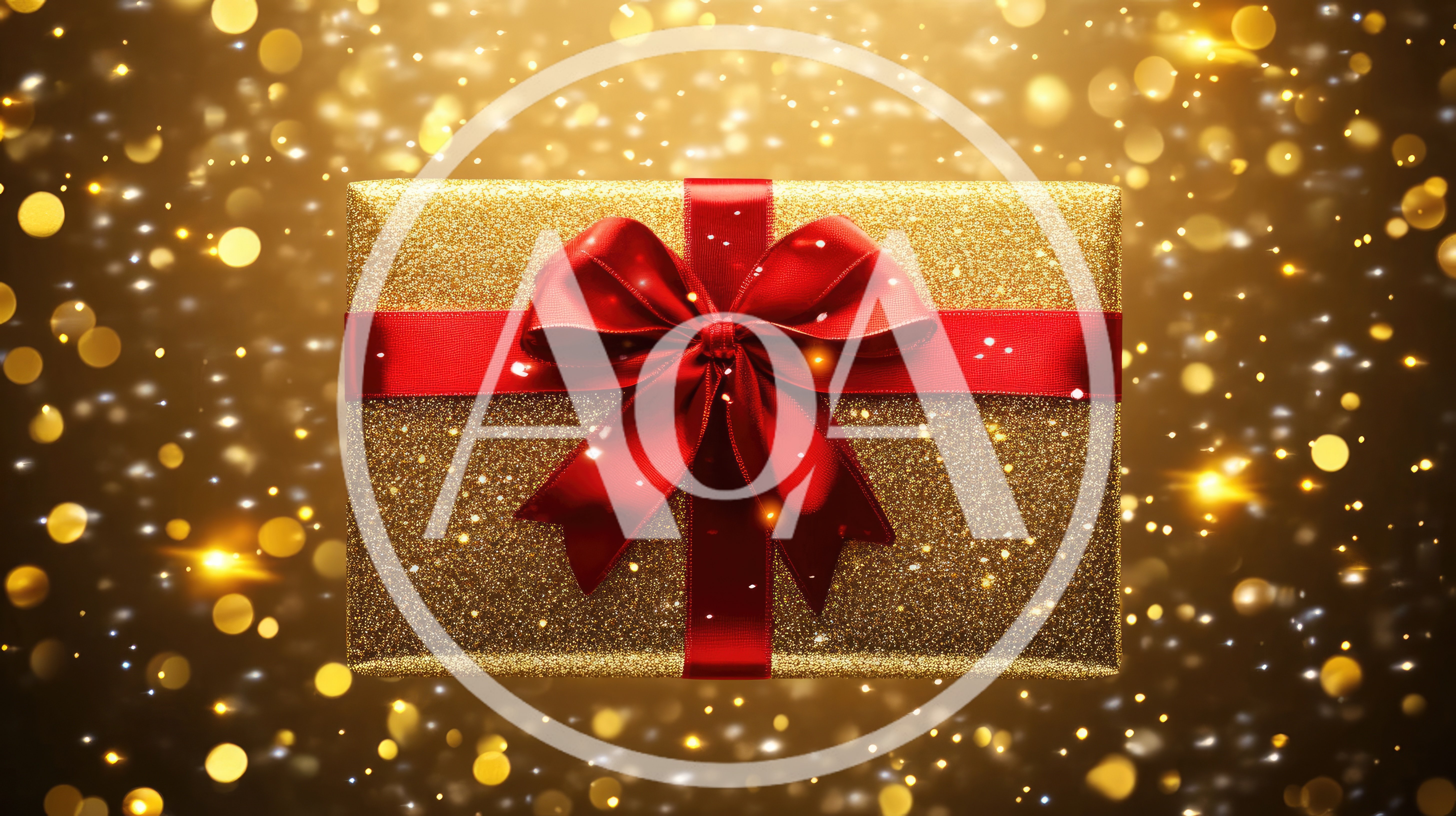 Golden Gift Box With Red Ribbon And Bokeh Background