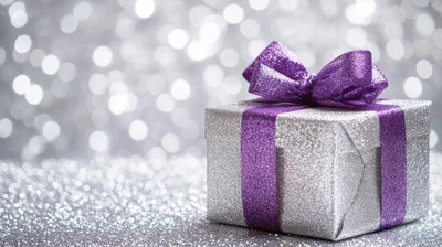 Silver Gift Box With Purple Ribbon