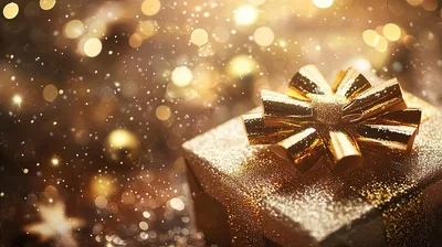 Golden Glittering Gift Box With Shiny Ribbon