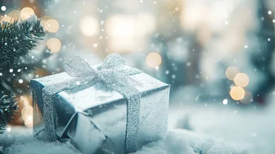 Silver Christmas Gift Box Resting In Fresh Snow