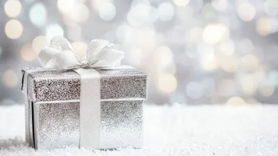 Silver Gift Box With Ribbon On Snowy Surface