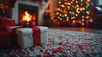 Christmas Gifts On Rug In Front Of Fireplace