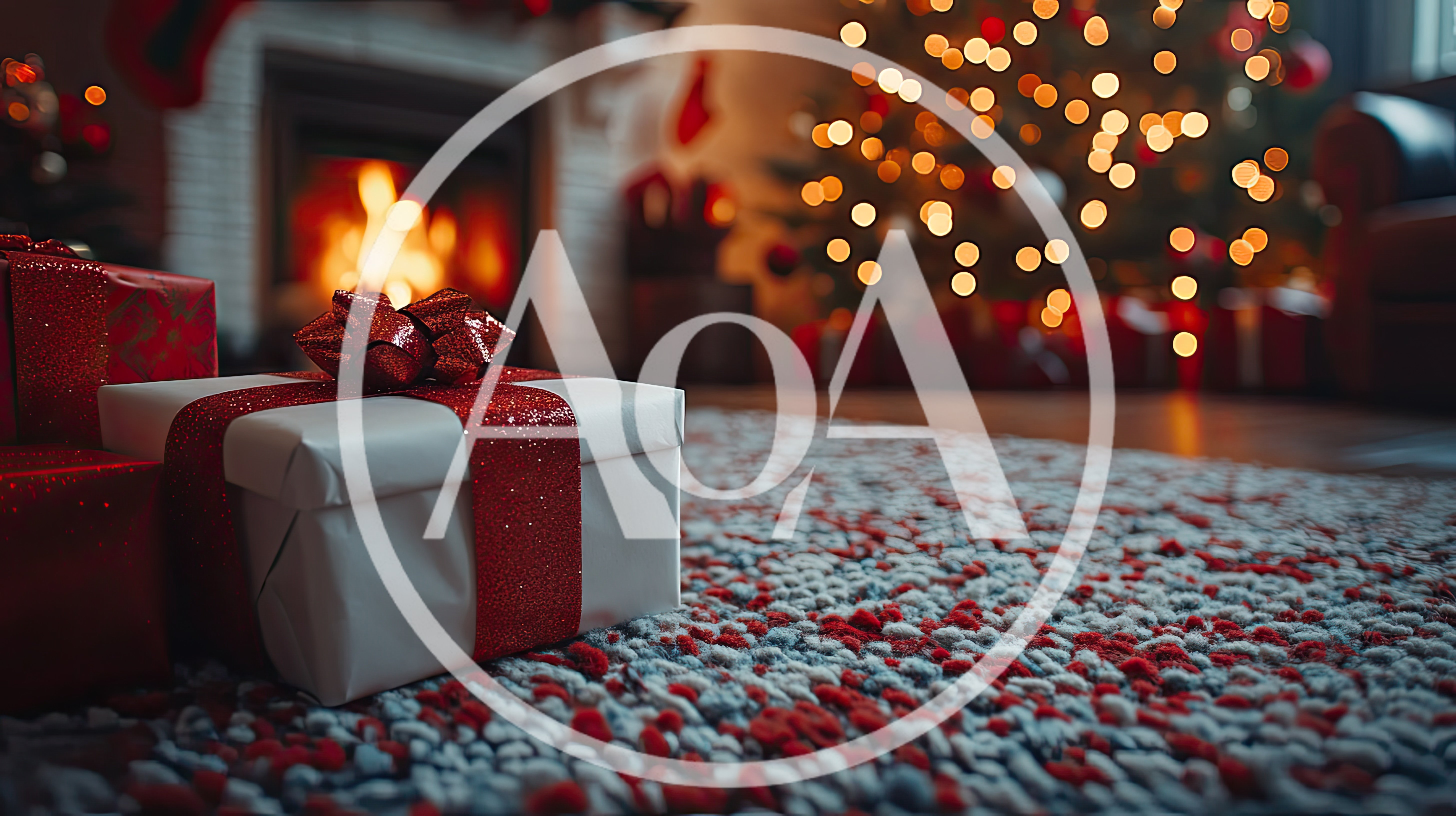 Christmas Gifts On Rug In Front Of Fireplace
