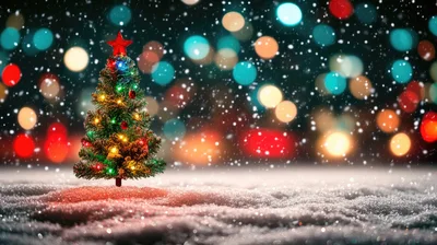 Small Decorated Christmas Tree Standing In Deep Snow