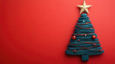 Minimalist Christmas Tree Made Of Ribbons On Red Background