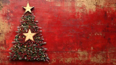 Christmas Tree Wall Decoration On Red Rustic Background