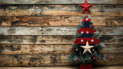 Small Decorated Christmas Tree Against Rustic Wooden Background