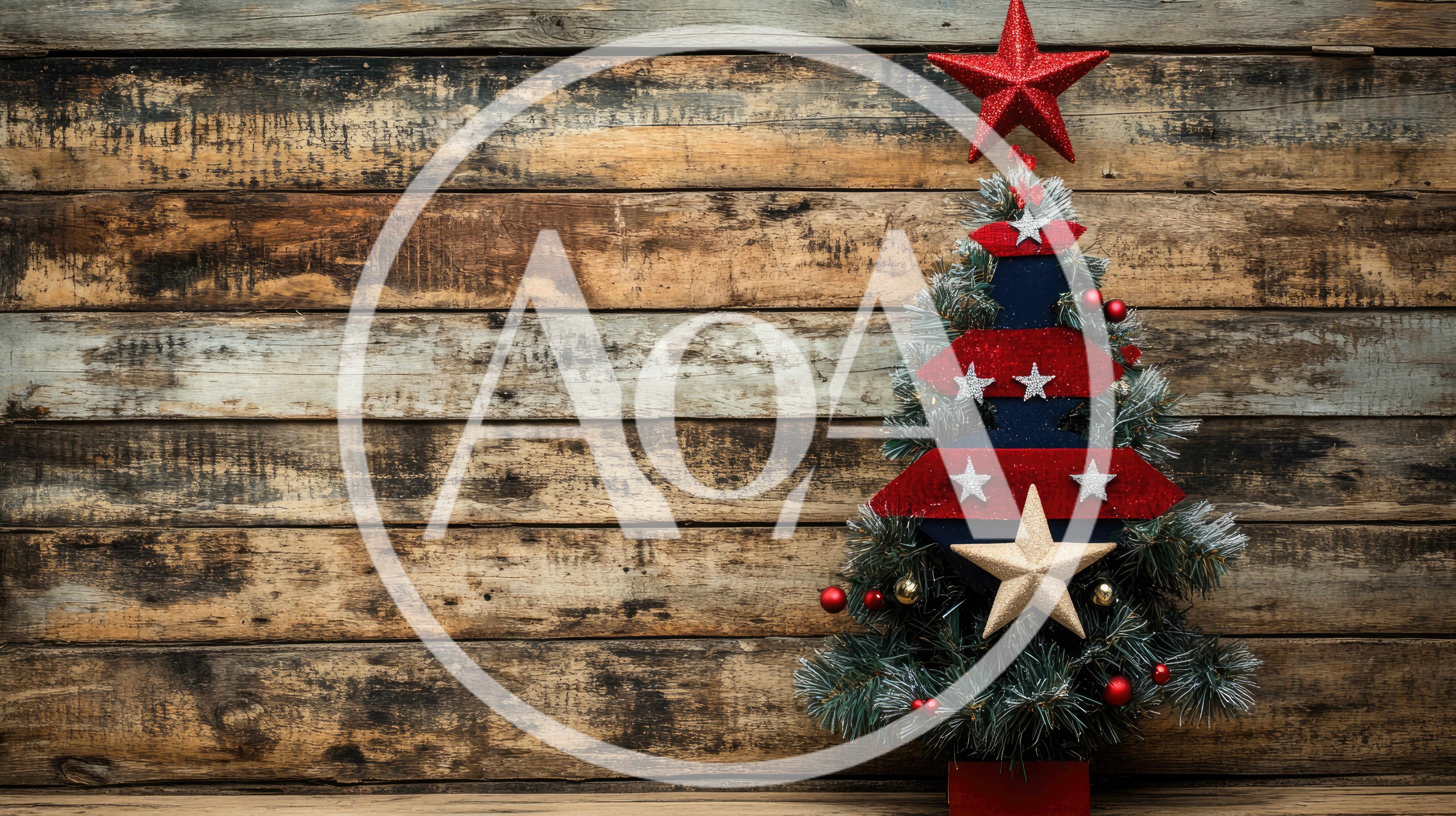 Small Decorated Christmas Tree Against Rustic Wooden Background