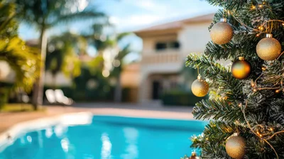 Christmas Tree Decorated With Ornaments By A Tropical Pool