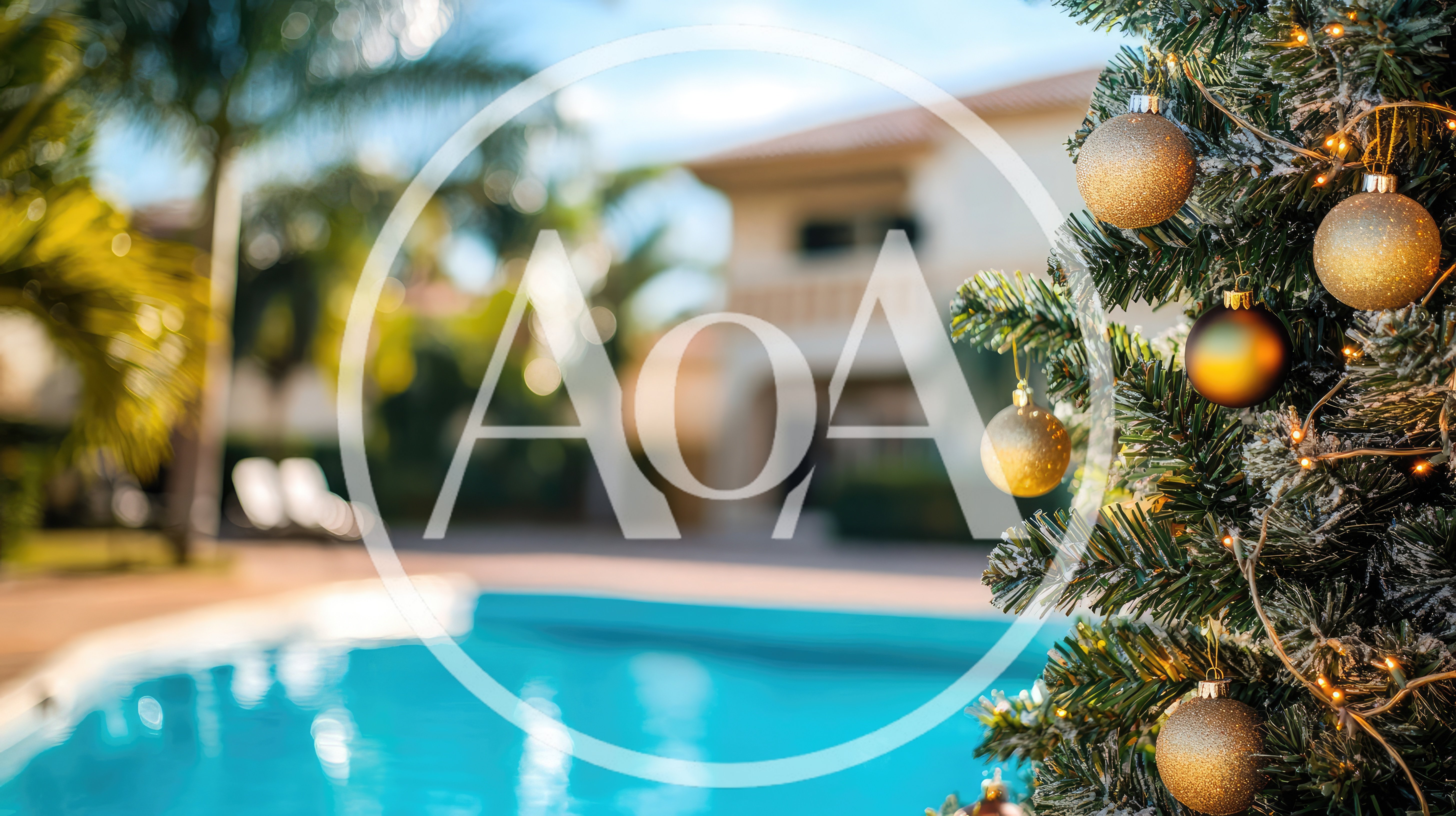 Christmas Tree Decorated With Ornaments By A Tropical Pool