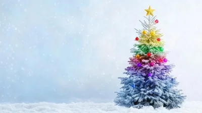 Rainbow Gradient Christmas Tree With Ornaments In Snow