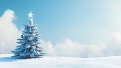 Frosted Christmas Tree With Blue Ornaments In Snowy Landscape