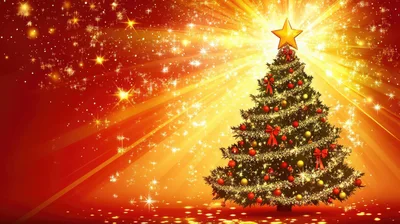 Glowing Christmas Tree With Golden Star And Sparkles