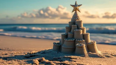 Sandcastle Christmas Tree on Tropical Beach