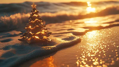 Glowing Christmas Tree On A Sandy Beach At Sunset