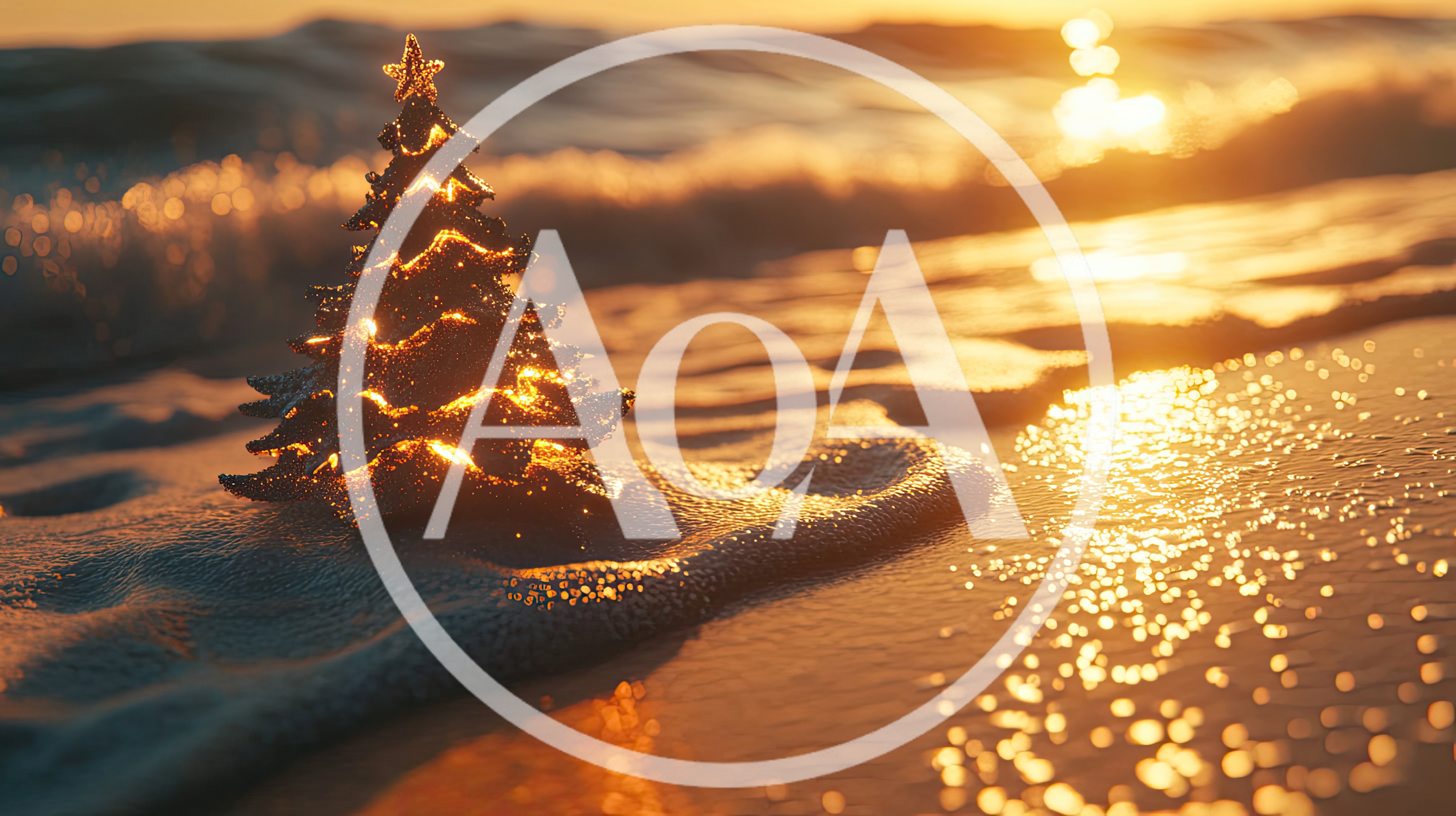 Glowing Christmas Tree On A Sandy Beach At Sunset