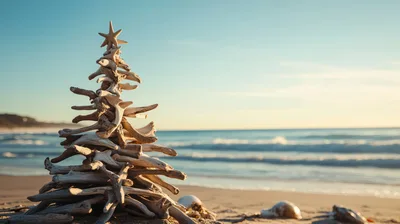 Driftwood Christmas Tree On A Sunny Beach