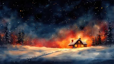 Cozy Cabin In Snowy Winter Landscape At Night