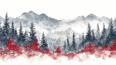 Watercolor Landscape Painting Of Misty Mountains And Pine Forest