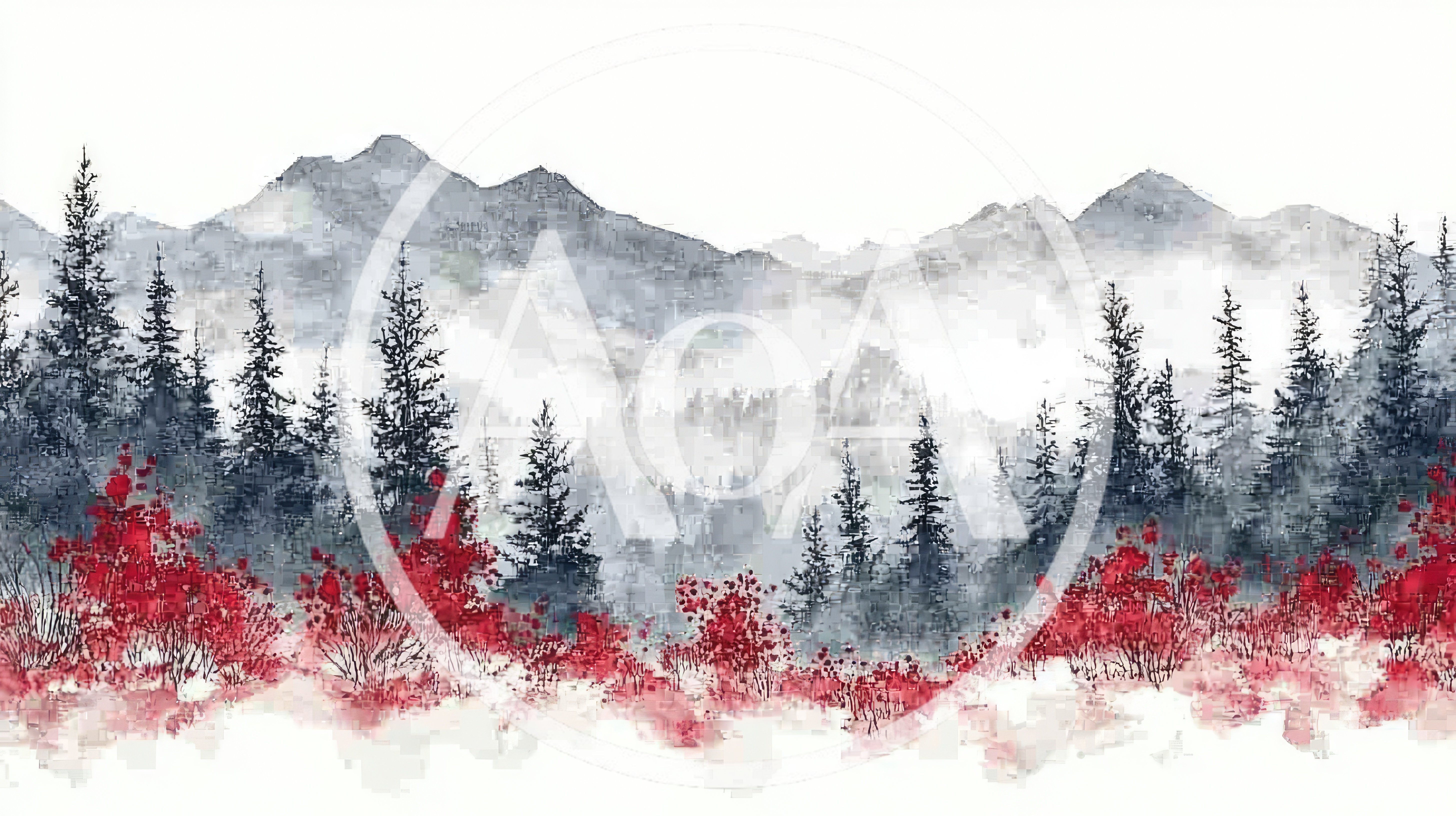 Watercolor Landscape Painting Of Misty Mountains And Pine Forest