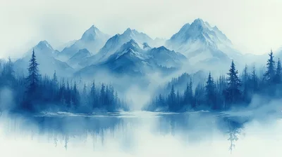 Watercolor Painting Of Misty Blue Mountain Landscape