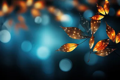 Glowing Autumn Leaves Against A Blurred Blue Background