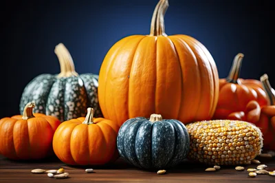 Assorted Pumpkins and Dried Corn on Wooden Table