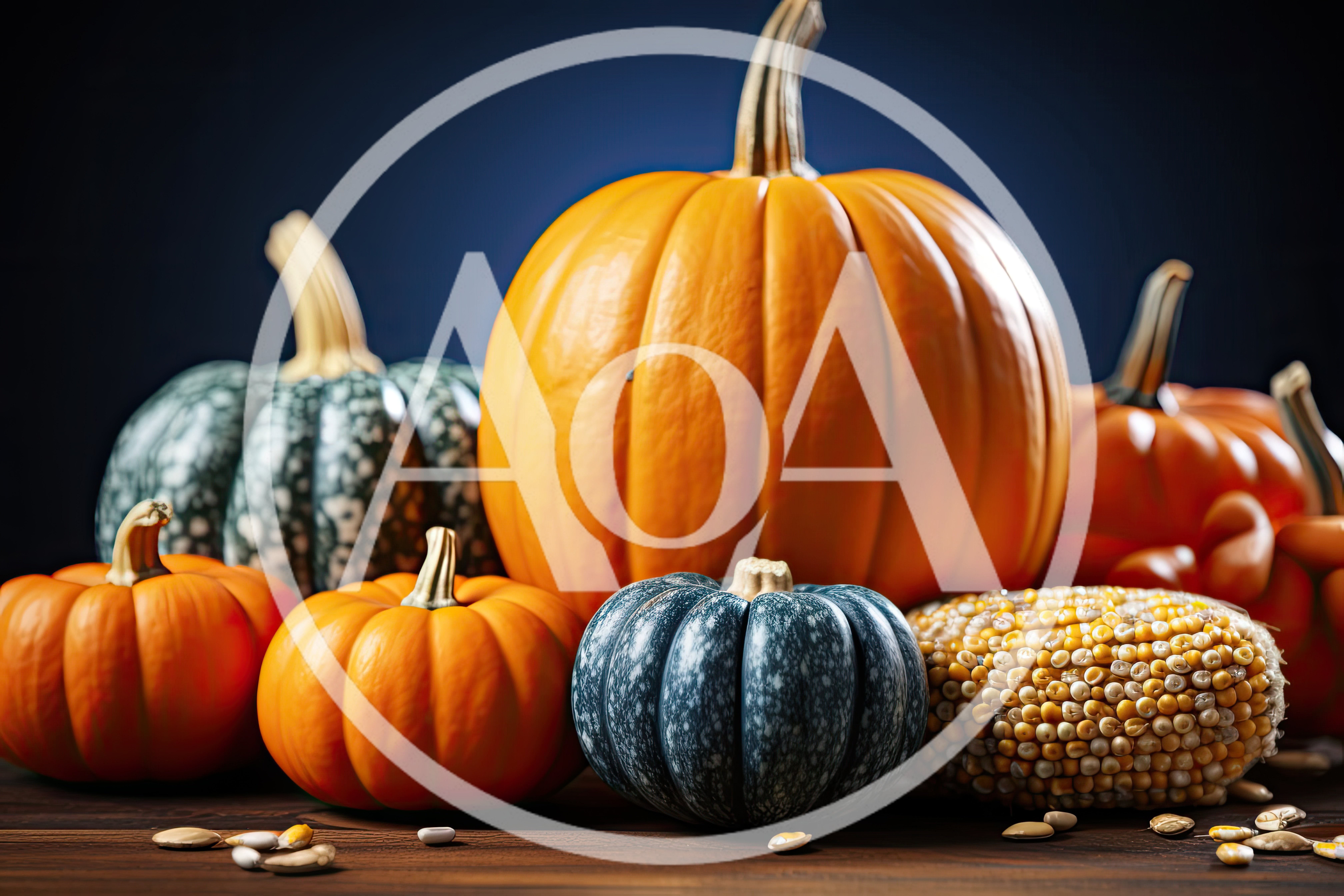 Assorted Pumpkins and Dried Corn on Wooden Table