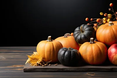 Autumn Harvest Display With Pumpkins And Decorative Berries