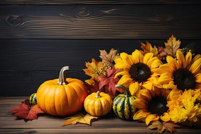 Autumn Harvest Display With Pumpkins And Sunflowers