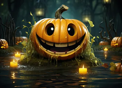 Smiling Jack-O-Lantern Floating In A Dark Swamp