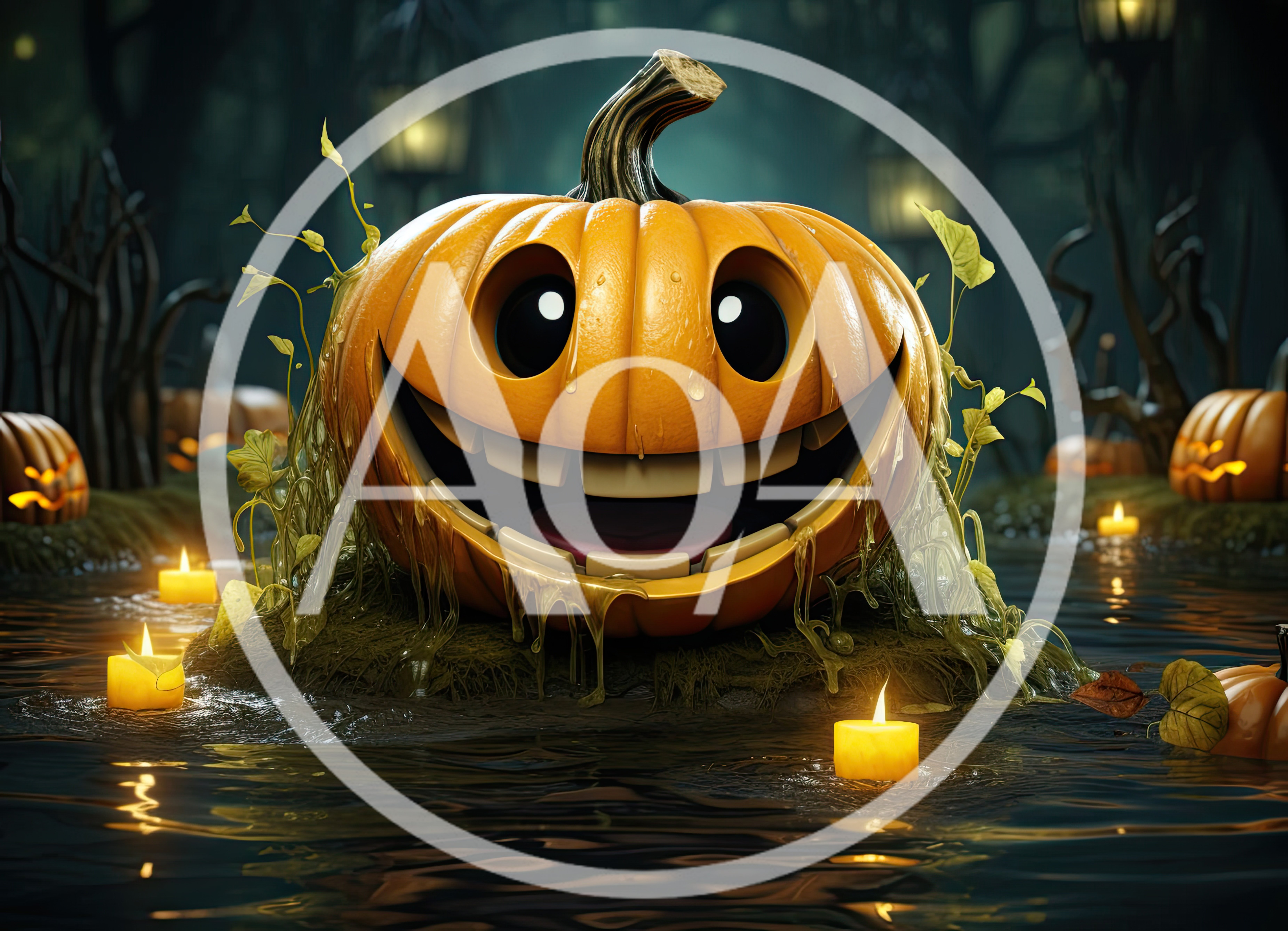 Smiling Jack-O-Lantern Floating In A Dark Swamp