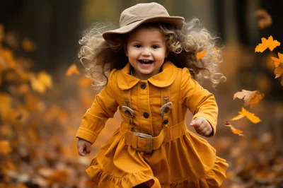 Happy Toddler Girl Running Through Autumn Forest