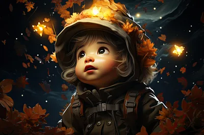 Cute Child Wearing Autumn Leaf Hat In Magical Forest